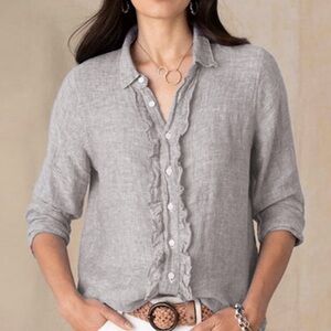 CP Shades Light Gray Ruffle-Front Linen Button-Up Top